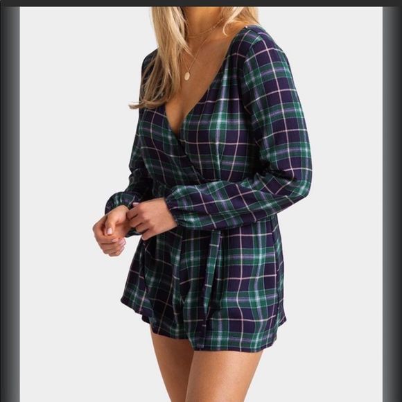 miami Pants - Francesca’s Size M Romper Green and Blue Plaid Long Sleeve with Waist Tie Belt